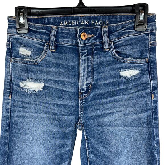American Eagle SZ 2 LONG Hi-Rise Jeggings Jeans Distressed Rips Stretch Zip-Fly - Picture 2 of 12
